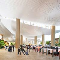 the curved shapes of the roof allow natural light to fllter through